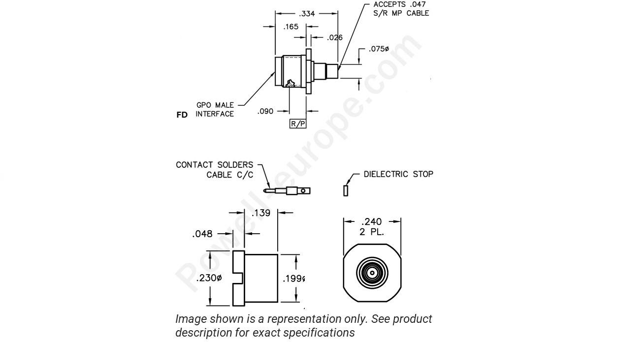 Image showing an extract of the 2D drawing of the Corning Gilbert A016-B83-01