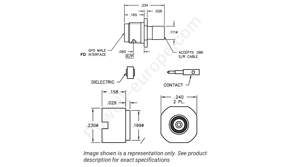 Image showing an extract of the 2D drawing of the Corning Gilbert A016-D73-03